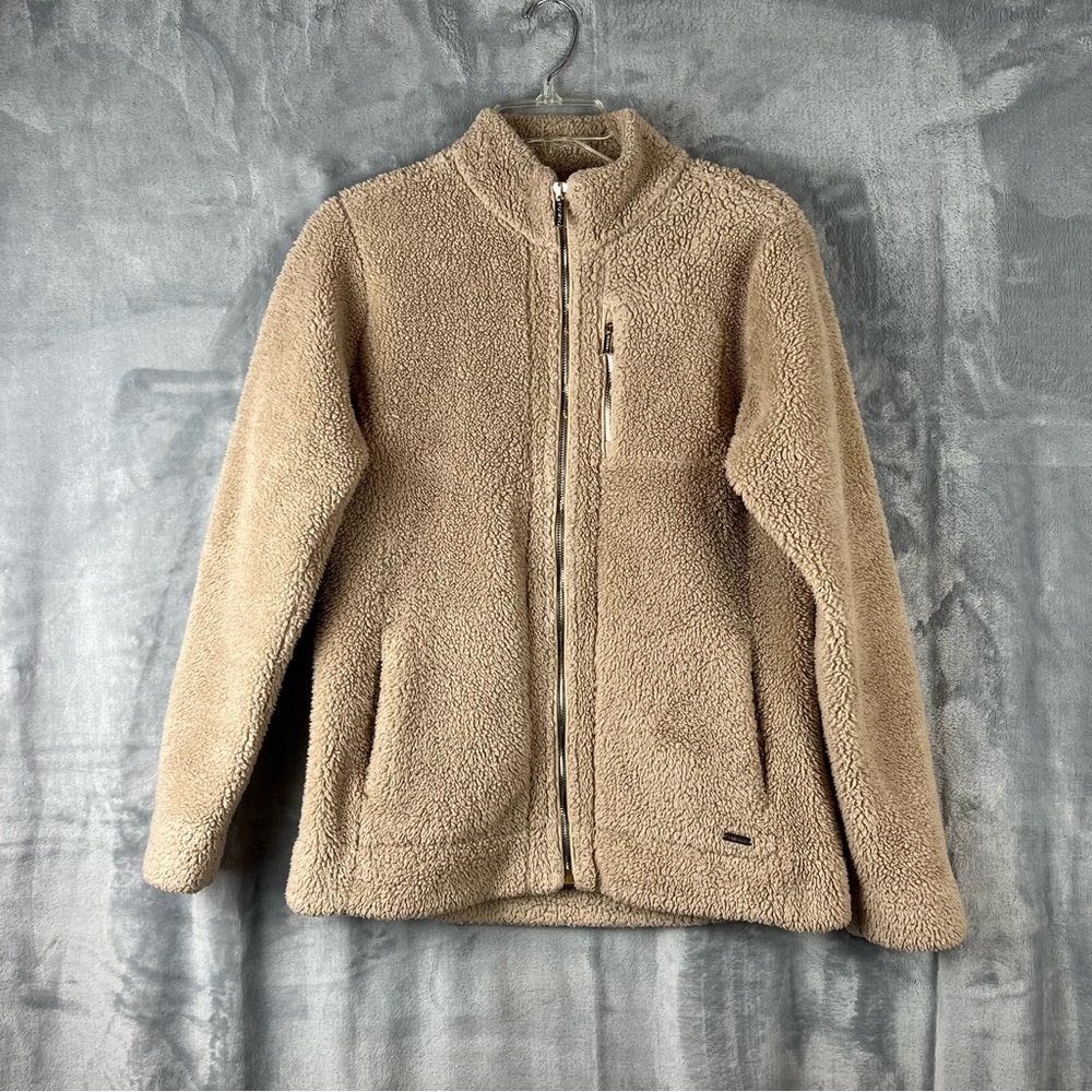Calvin Klein Tan Teddy Jacket Sz Small Full Zip Nubby Faux Sherpa Goblincore